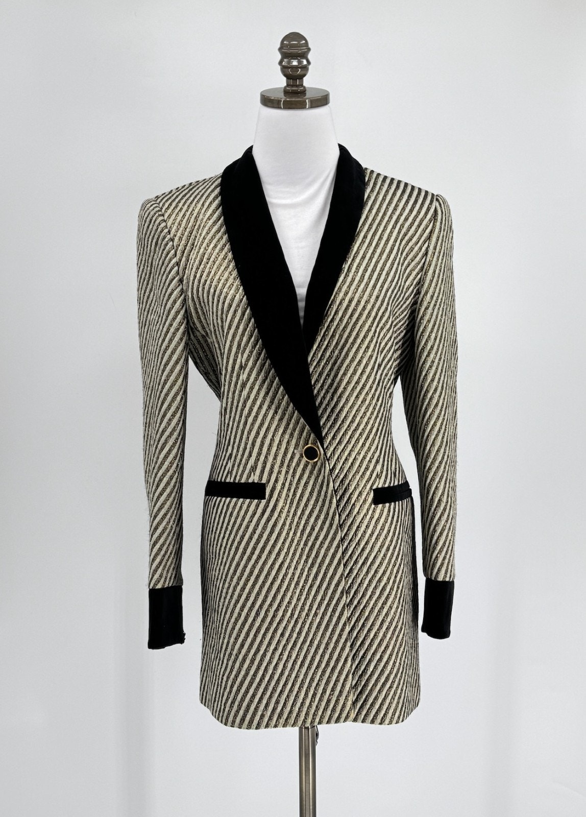 Escada Vintage Gold Striped Metallic Velvet Trim Blazer Jacket Sz 36 Us 6
